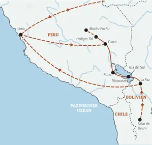 Marco Polo Rundreise durch Peru und Bolivien: Karte der Route von Lima über Cusco, den Titicacasee und La Paz zum Salar de Uyuni.