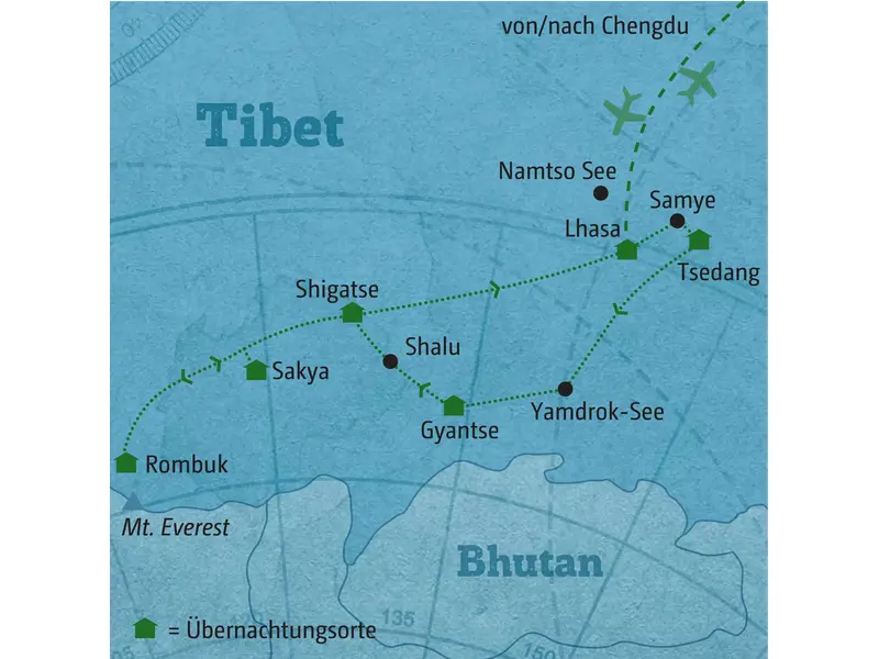 Reisekarte der Privatwagen-Rundreise in Tibet: Die Route führt von Lhasa über Tsedang, Gyantse, Rombuk und Shigatse.