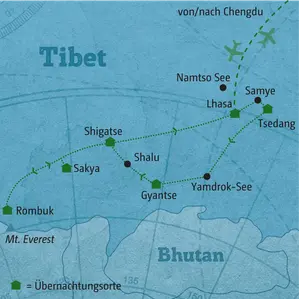 Reisekarte der Privatwagen-Rundreise in Tibet: Die Route führt von Lhasa über Tsedang, Gyantse, Rombuk und Shigatse.