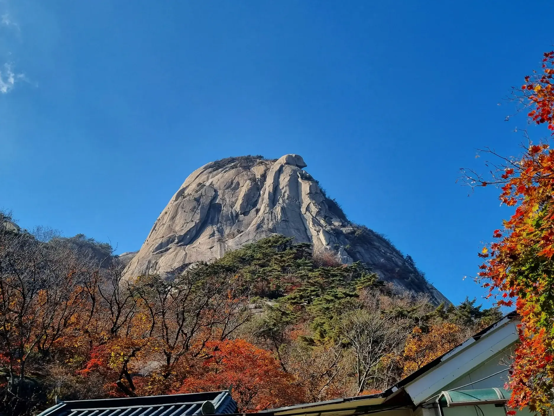 Wanderung zum Ulsanbawi-Felsen im Seoraksan-Nationalpark mit buntem Herbstlaub vor dem Granitgipfel in Südkorea.
