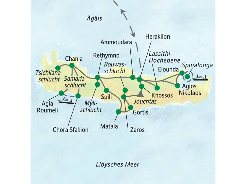 Karte der Wanderreise auf Kreta. Die Route führt von Heraklion über Zaros, Chania und die Samariaschlucht zurück zum Ausgangspunkt.