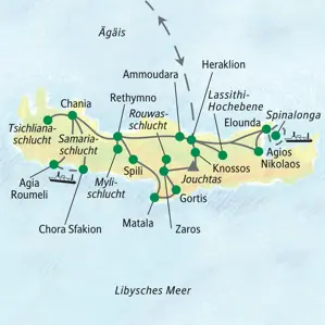 Karte der Wanderreise auf Kreta. Die Route führt von Heraklion über Zaros, Chania und die Samariaschlucht zurück zum Ausgangspunkt.