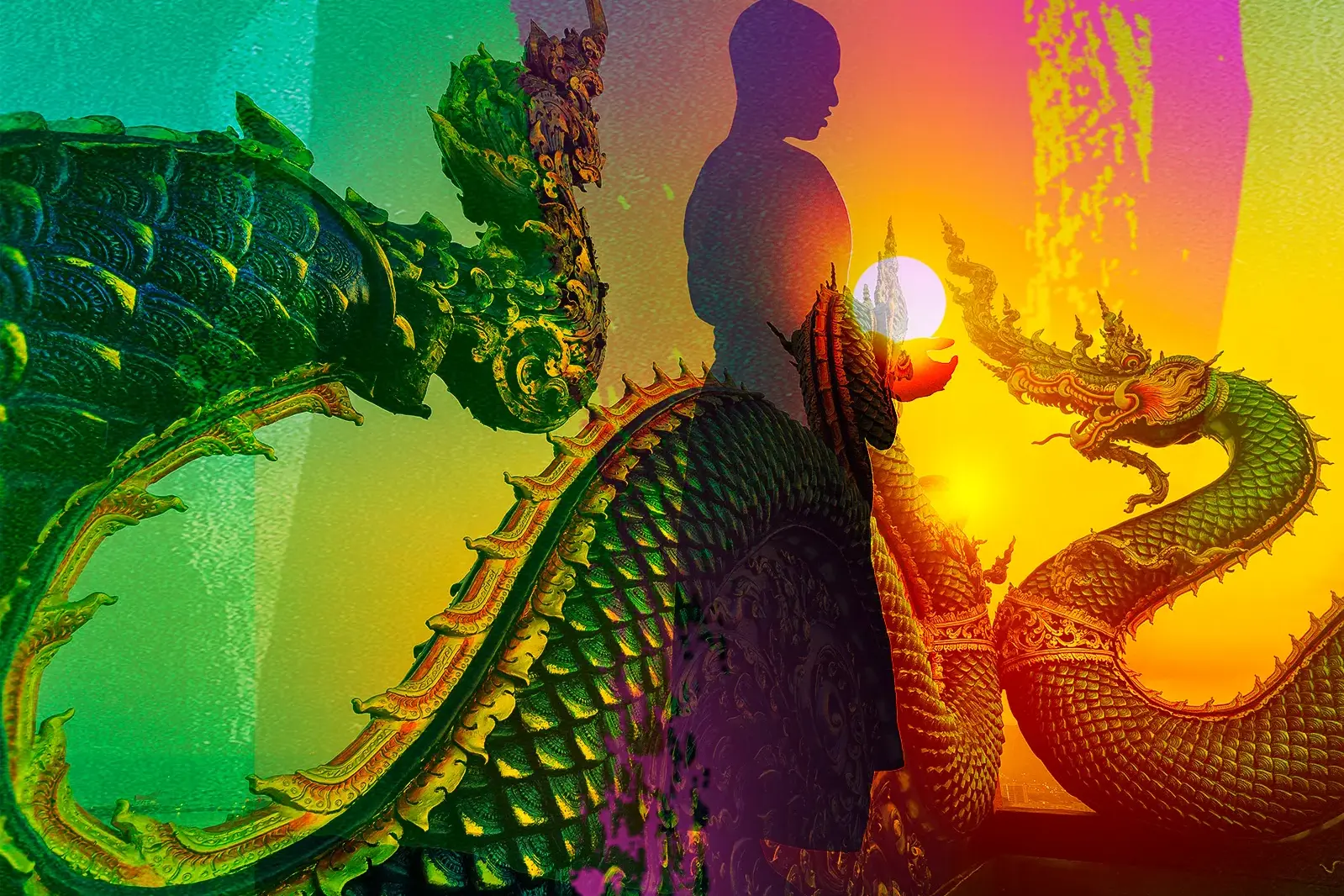 Künstlerische Collage mit mythischen Naga-Skulpturen und Buddha-Silhouette vor einem farbenfrohen Sonnenuntergang in Indochina.