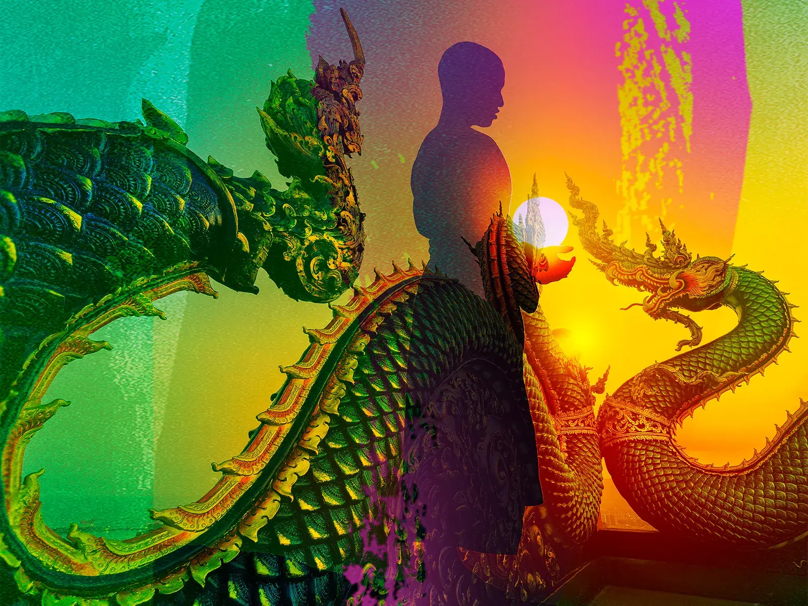 Künstlerische Collage mit mythischen Naga-Skulpturen und Buddha-Silhouette vor einem farbenfrohen Sonnenuntergang in Indochina.