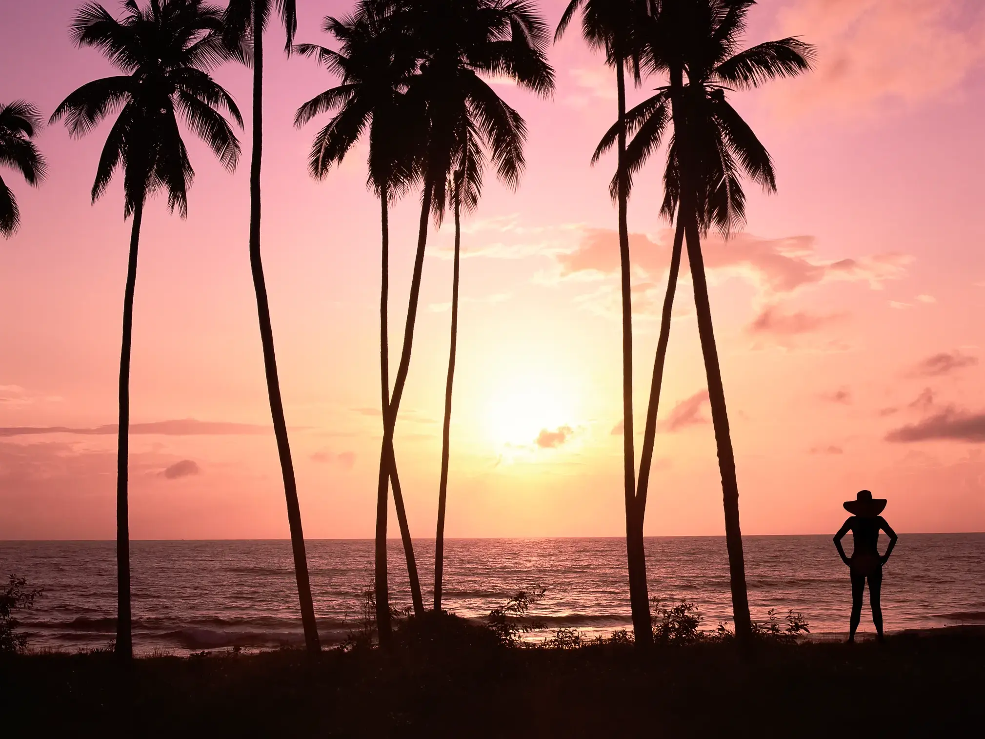 Frau mit Sonnenhut bewundert als Silhouette den farbenprächtigen Sonnenuntergang am Pazifikstrand von Hawaii zwischen hohen Palmen.