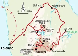 Karte der Trekkingreise in Sri Lanka: Route von Colombo zu den Highlights wie Sigiriya, Knuckles Range und dem Adam's Peak.