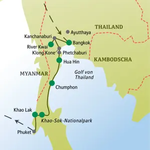 Karte der Singlereise in Thailand: Die Route führt von Bangkok über den River Kwai, Hua Hin und den Khao-Sok-Nationalpark nach Khao Lak.