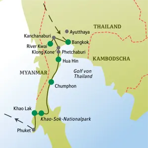 Karte der Singlereise in Thailand: Die Route führt von Bangkok über den River Kwai, Hua Hin und den Khao-Sok-Nationalpark nach Khao Lak.