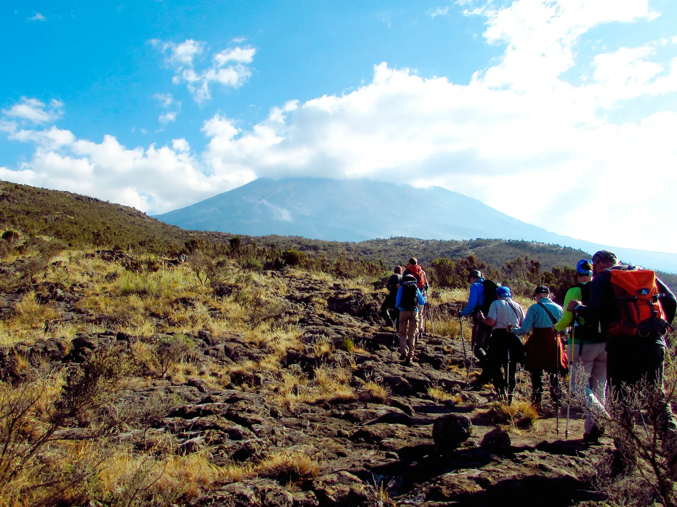 Eine Trekkinggruppe wandert bei blauem Himmel über einen felsigen Pfad auf den wolkenverhangenen Gipfel des Kilimanjaro zu.