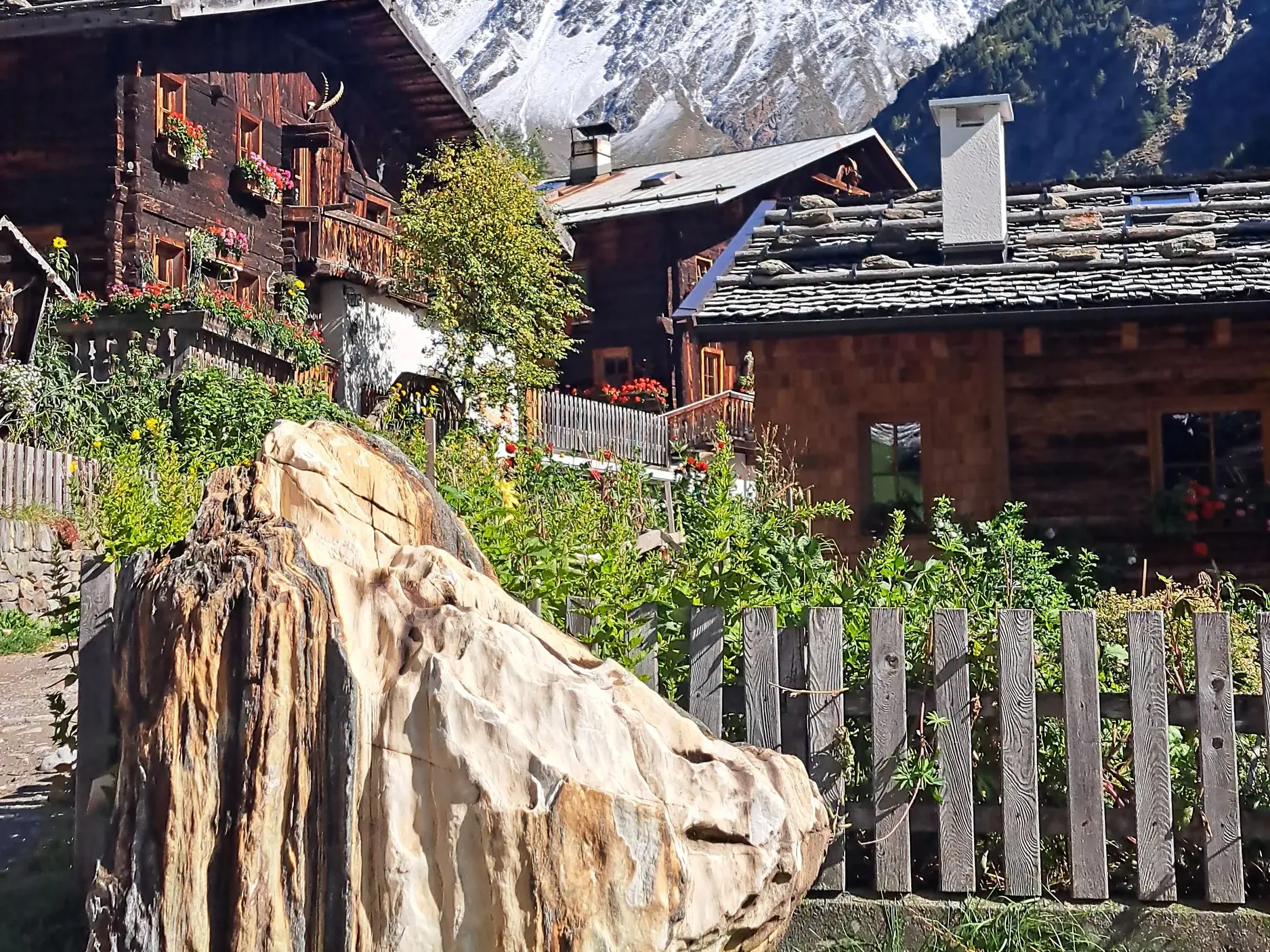 Traditionelle Bergbauernhöfe aus Holz mit Blumenschmuck und Steindächern im sonnigen Naturpark Texelgruppe in Südtirol.