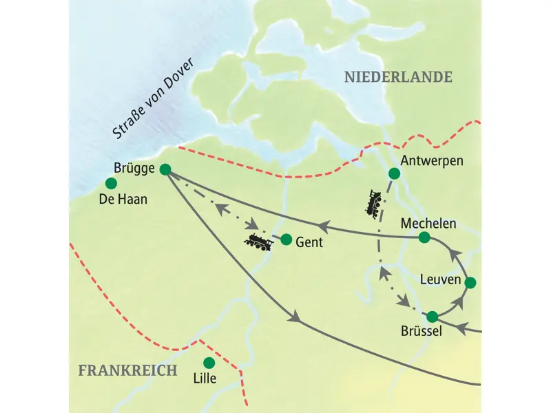 Landkarte der Studiosus Studienreise durch Flandern mit Route von Brüssel über Leuven, Antwerpen, Gent und Brügge.