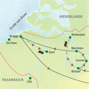 Landkarte der Studiosus Studienreise durch Flandern mit Route von Brüssel über Leuven, Antwerpen, Gent und Brügge.