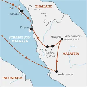Karte der Malaysia Rundreise: Die Route führt von Kuala Lumpur über die Cameron Highlands und Penang zur Insel Langkawi.