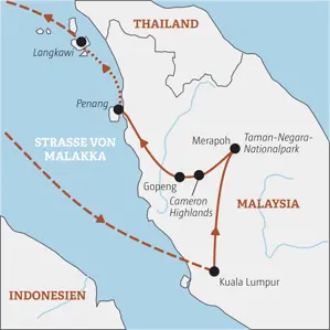 Karte der Malaysia Rundreise: Die Route führt von Kuala Lumpur über die Cameron Highlands und Penang zur Insel Langkawi.