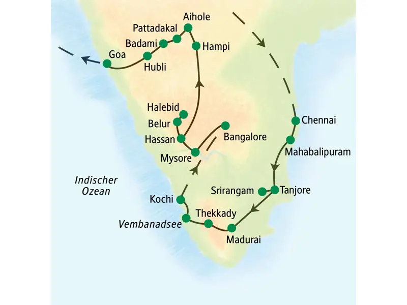 Routenverlauf der Studiosus-Studienreise durch Südindien von Chennai über Madurai, Kochi und Hampi bis nach Goa.