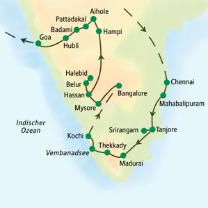 Routenverlauf der Studiosus-Studienreise durch Südindien von Chennai über Madurai, Kochi und Hampi bis nach Goa.