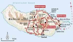 Routenkarte der Hauser Trekkingreise auf Madeira mit Wanderungen im Zentralmassiv zum Pico Ruivo und über den Encumeada-Pass.