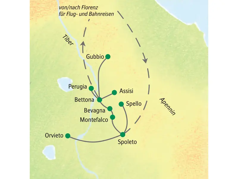 Karte der Studienreise durch Umbrien. Die Route führt von Spoleto und Bettona unter anderem nach Orvieto, Perugia, Gubbio und Assisi.
