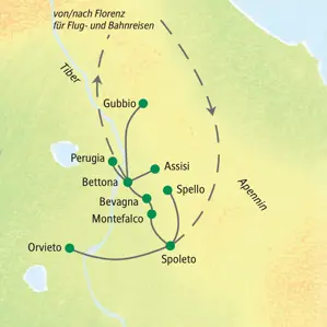 Karte der Studienreise durch Umbrien. Die Route führt von Spoleto und Bettona unter anderem nach Orvieto, Perugia, Gubbio und Assisi.