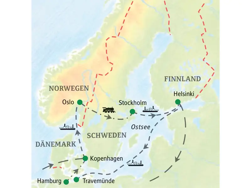 Karte der Studiosus Studienreise in Skandinavien: Die Route führt per Fähre und Zug von Kopenhagen über Oslo und Stockholm nach Helsinki.
