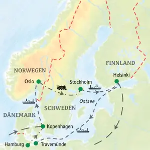 Karte der Studiosus Studienreise in Skandinavien: Die Route führt per Fähre und Zug von Kopenhagen über Oslo und Stockholm nach Helsinki.