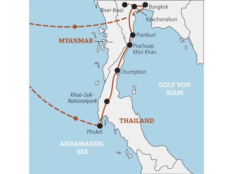 Karte der Gruppenreise für junge Leute in Thailand, die von Bangkok über den River Kwai und den Khao Sok Nationalpark bis Phuket führt.