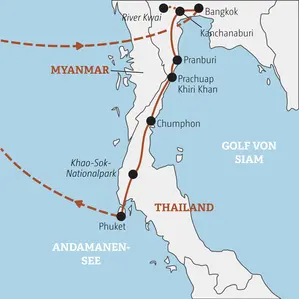 Karte der Gruppenreise für junge Leute in Thailand, die von Bangkok über den River Kwai und den Khao Sok Nationalpark bis Phuket führt.
