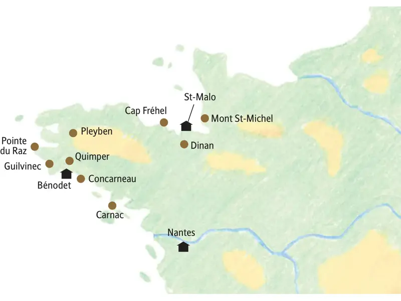 Die Route unserer Reise in kleiner Gruppe durch die Bretagne führt von Nantes nach St-Malo, entlang der Küste bis Bénodet und über Carnac zurück.
