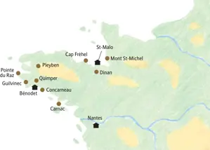 Die Route unserer Reise in kleiner Gruppe durch die Bretagne führt von Nantes nach St-Malo, entlang der Küste bis Bénodet und über Carnac zurück.