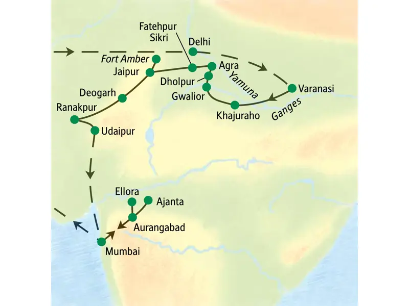 Karte der geführten Rundreise in Indien, die von Delhi über Agra, Jaipur, Udaipur und Aurangabad bis nach Mumbai führt.
