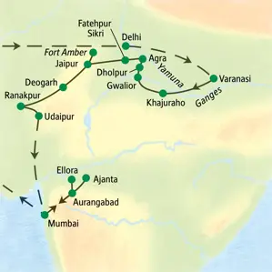 Karte der geführten Rundreise in Indien, die von Delhi über Agra, Jaipur, Udaipur und Aurangabad bis nach Mumbai führt.