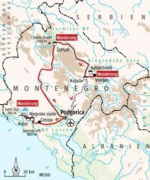 Karte der Wanderreise in Montenegro von Podgorica zu den Nationalparks Durmitor, Biogradska Gora und Lovcen bis nach Kotor.