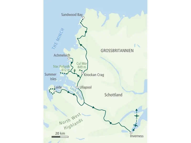 Karte der Wanderreise in Schottlands North West Highlands. Route von Inverness über Ullapool zum Stac Pollaidh und zur Sandwood Bay.