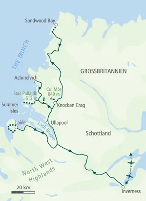 Karte der Wanderreise in Schottlands North West Highlands. Route von Inverness über Ullapool zum Stac Pollaidh und zur Sandwood Bay.