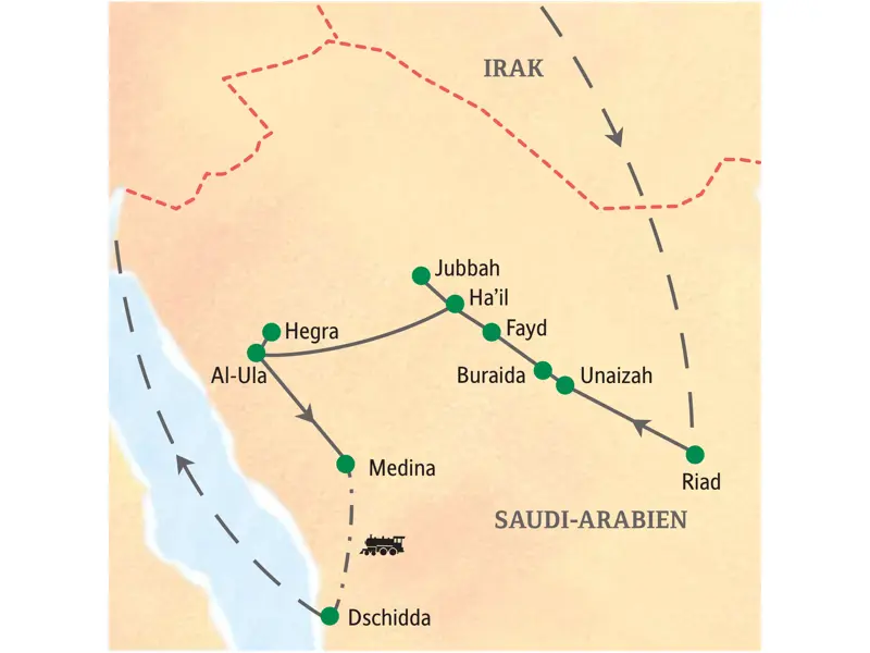 Route der Studienreise in Saudi-Arabien: Die Rundreise startet in Riad und führt über Ha'il, Al-Ula und Medina nach Dschidda.