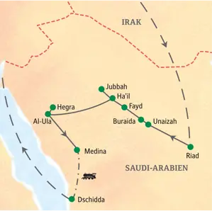 Route der Studienreise in Saudi-Arabien: Die Rundreise startet in Riad und führt über Ha'il, Al-Ula und Medina nach Dschidda.