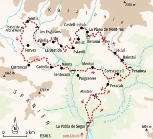 Wanderkarte der Trekkingreise El Cinqué Llac in den Pyrenäen. Route von La Pobla de Segur über Peramea und Senterada zum fünften See.