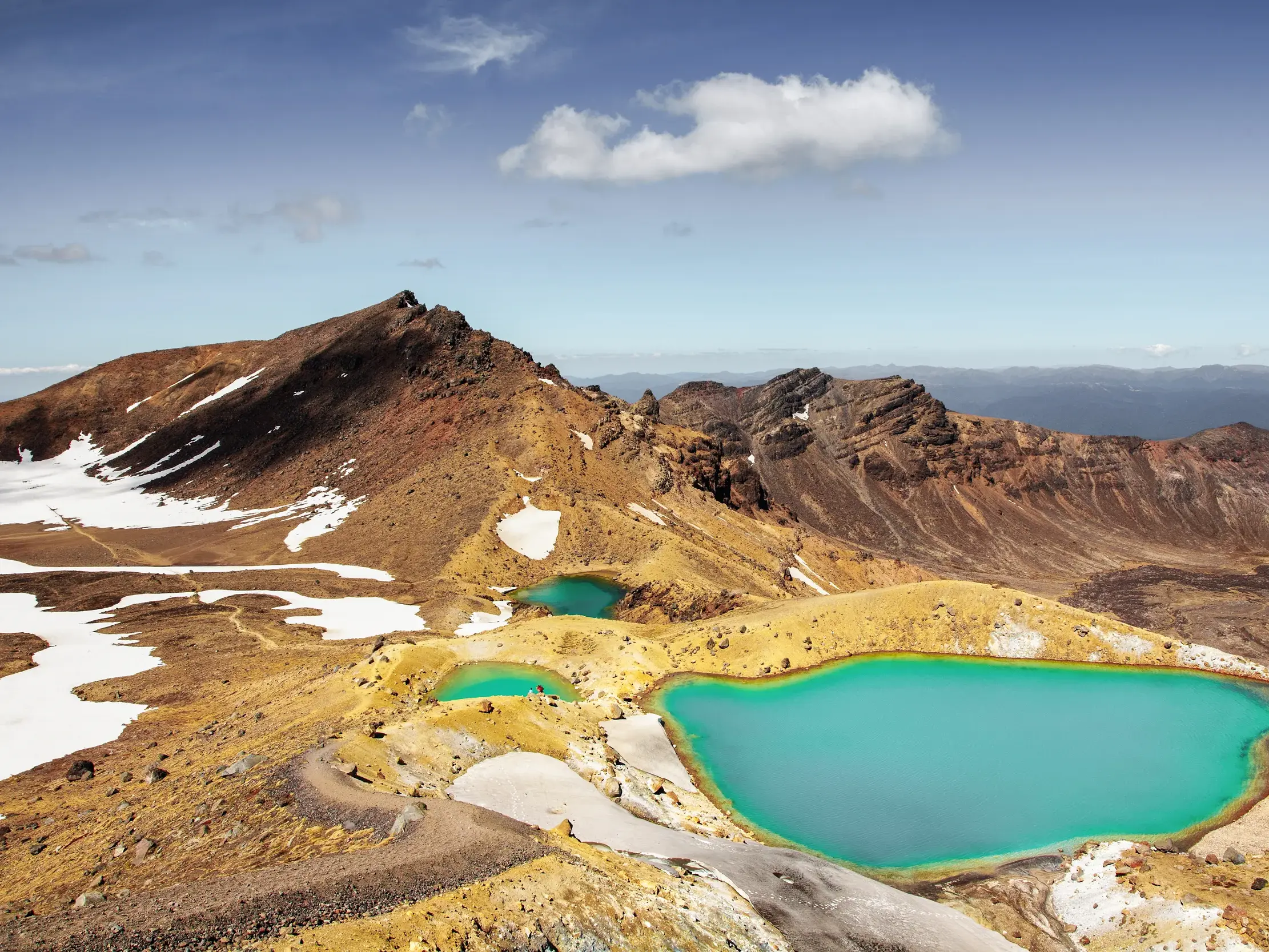Weitblick über die smaragdgrünen Kraterseen auf dem Tongariro Crossing Trek in Neuseelands karger Vulkanlandschaft.