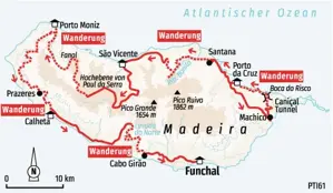 Karte der Hauser Wanderreise auf Madeira: Route von Porto da Cruz über Santana, Porto Moniz und Calheta nach Funchal.
