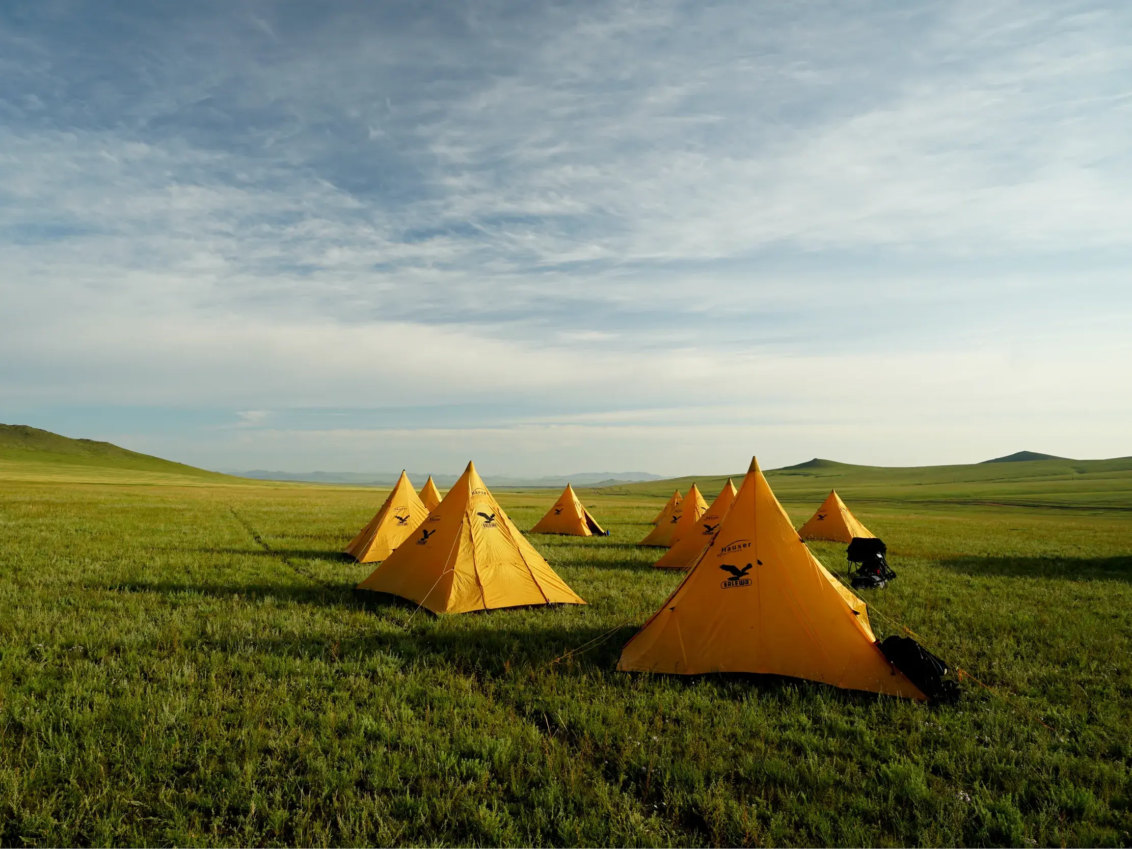 Ein Camp aus gelben Zelten in der weiten, grünen Steppenlandschaft des Khan Khentii-Nationalparks in der Mongolei.