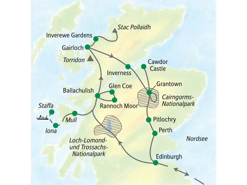 Route der Studiosus Wanderreise in Schottland: Von Edinburgh über die Hebriden, Gairloch, Inverness und den Cairngorms-Nationalpark.