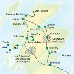 Route der Studiosus Wanderreise in Schottland: Von Edinburgh über die Hebriden, Gairloch, Inverness und den Cairngorms-Nationalpark.