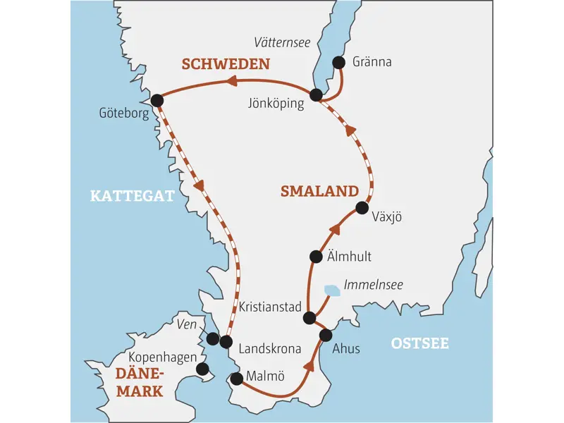 Karte der Gruppenreise für junge Leute durch Südschweden von Malmö über Växjö, Jönköping und Göteborg bis nach Landskrona.