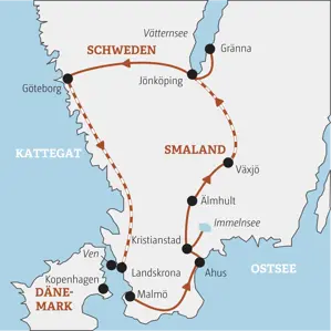 Karte der Gruppenreise für junge Leute durch Südschweden von Malmö über Växjö, Jönköping und Göteborg bis nach Landskrona.