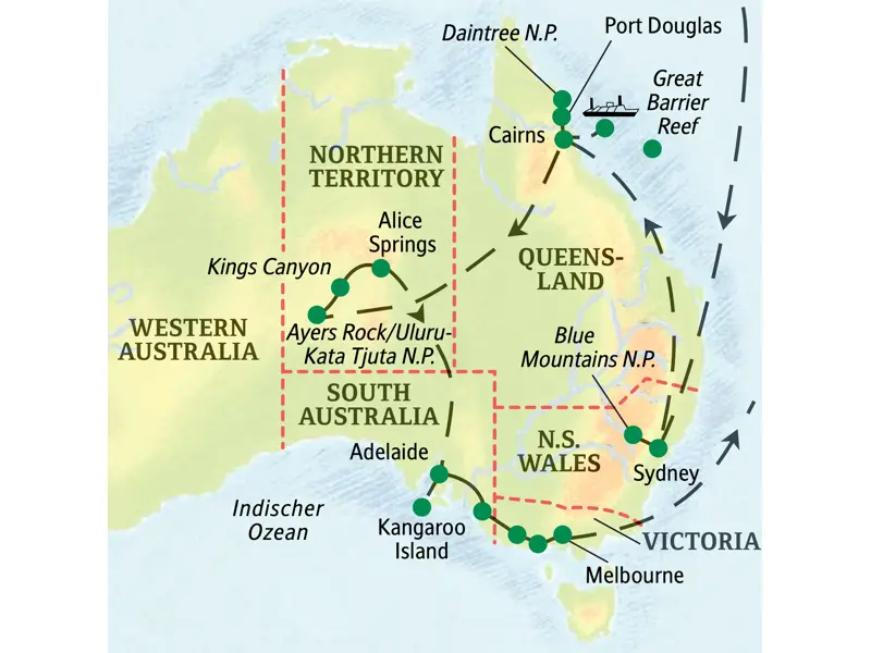 Karte der Studiosus Studienreise in Australien: Route von Sydney über Cairns, Uluru, Kangaroo Island und die Great Ocean Road nach Melbourne.