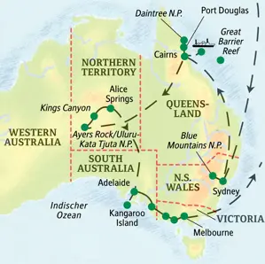 Karte der Studiosus Studienreise in Australien: Route von Sydney über Cairns, Uluru, Kangaroo Island und die Great Ocean Road nach Melbourne.