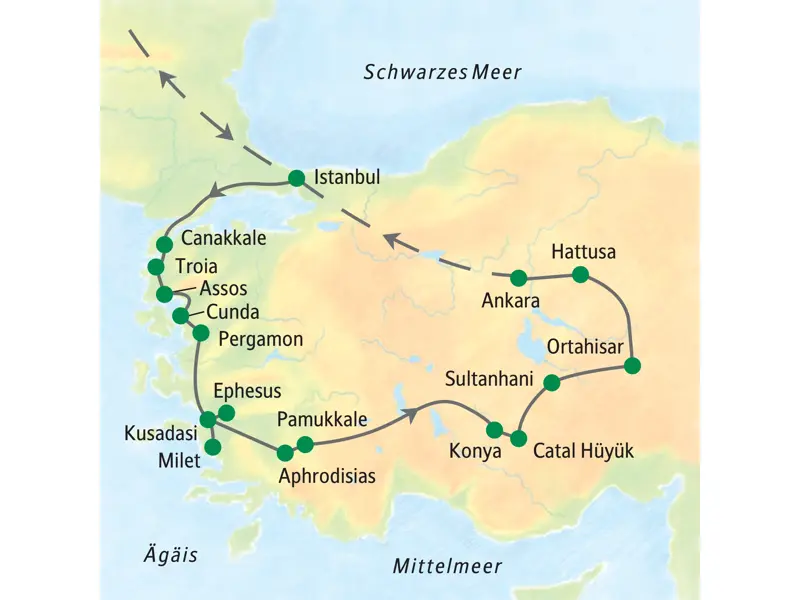 Reiseroute der Türkei-Studienreise von Istanbul über Troia, Ephesus, Pamukkale und Kappadokien nach Ankara.