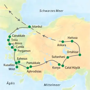 Reiseroute der Türkei-Studienreise von Istanbul über Troia, Ephesus, Pamukkale und Kappadokien nach Ankara.