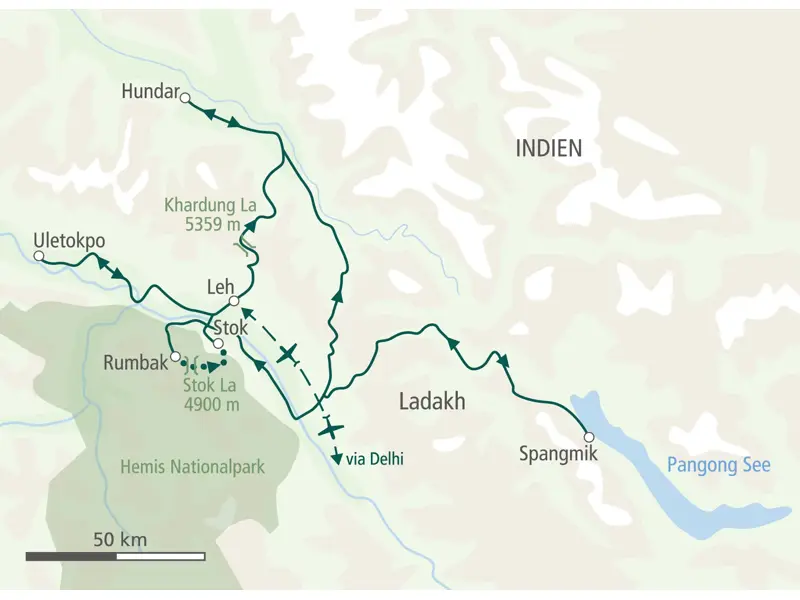 Karte der Hauser Wanderreise in Ladakh von Leh über Uleytokpo, Hunder und den Pangong See zum Hemis-Nationalpark.