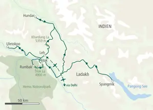 Karte der Hauser Wanderreise in Ladakh von Leh über Uleytokpo, Hunder und den Pangong See zum Hemis-Nationalpark.